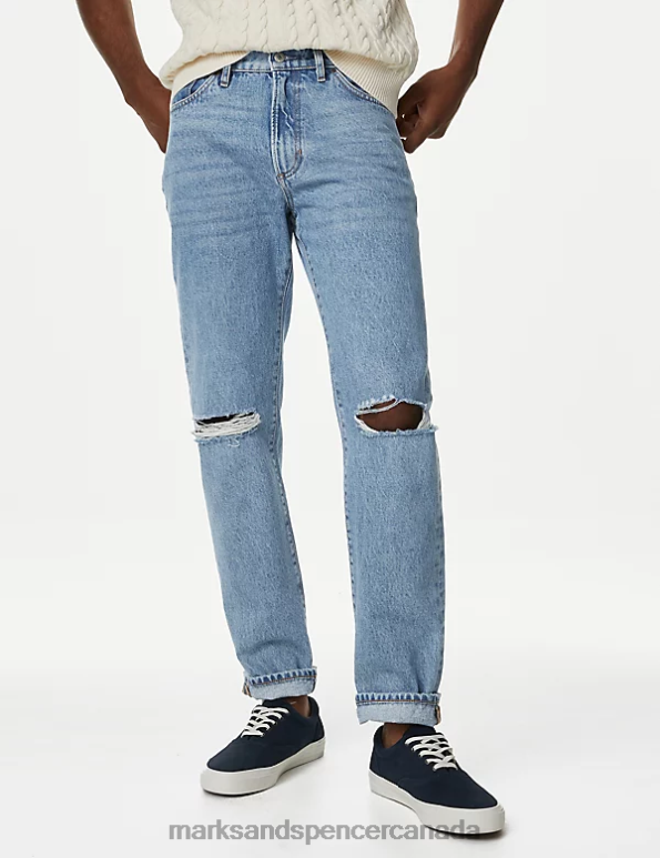 Marks and Spencer Canada - Men Medium Blue Clothing Marks & Spencer Straight Fit Pure Cotton Ripped Jeans 20VTD5301