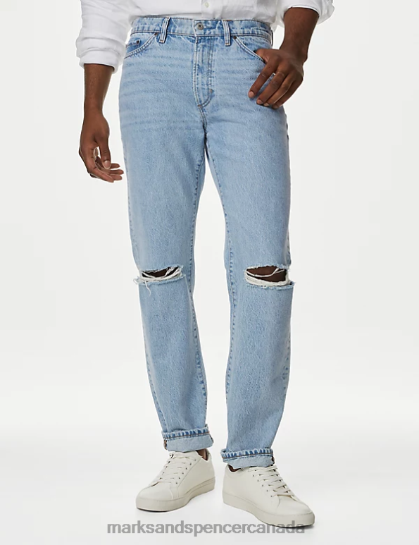 Men Soft Blue Clothing Marks & Spencer Straight Fit Pure Cotton Ripped Jeans 20VTD4947 - Marks and Spencer Canada locations