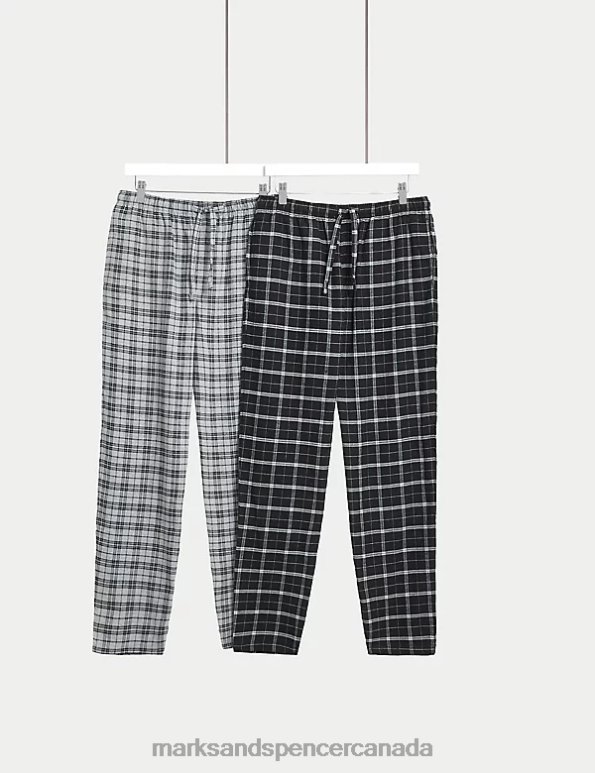 Marks and Spencer sale - Men Black Mix Clothing Marks & Spencer 2pk Brushed Cotton Checked Pyjama Bottoms 20VTD4815