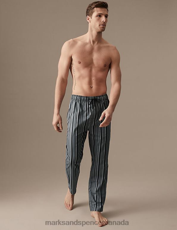 Men Black Mix Clothing Marks & Spencer Cotton Rich Striped Pyjama Bottoms 20VTD5382 - Marks and Spencer outlet