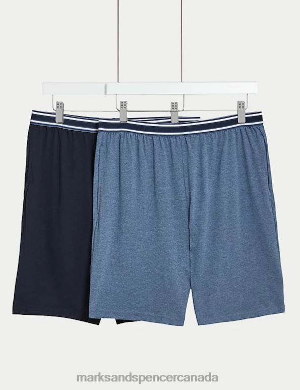 Men Blue Mix Clothing Marks & Spencer 2pk Pure Cotton Pyjama Shorts 20VTD5200 - Marks and Spencer Canada locations