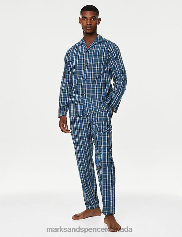 Marks and Spencer near me - Men Blue Mix Clothing Marks & Spencer Pure Cotton Checked Pyjama Set 20VTD5004