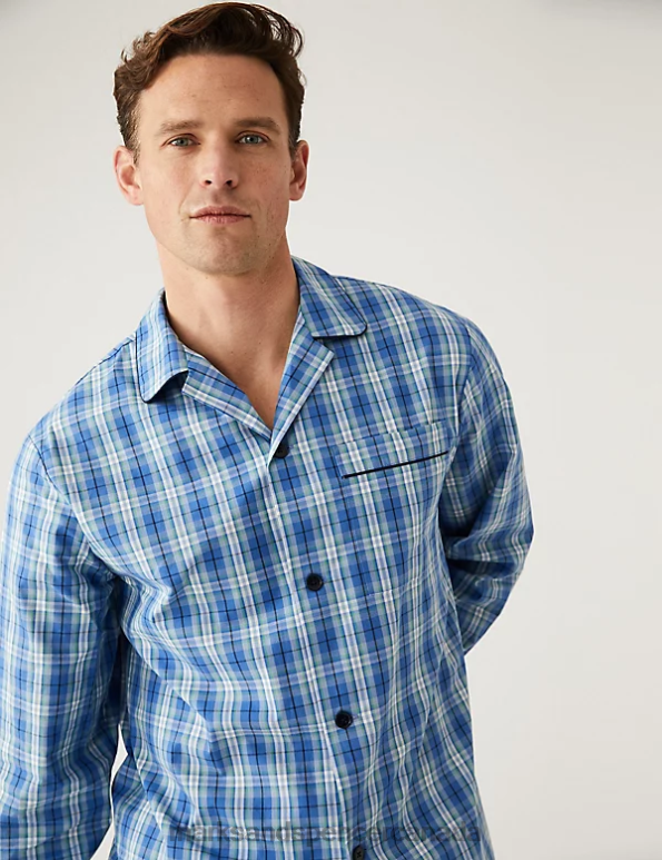 Men Blue Mix Clothing Marks & Spencer Pure Cotton Checked Pyjama Set 20VTD5241 - Marks and Spencer outlet