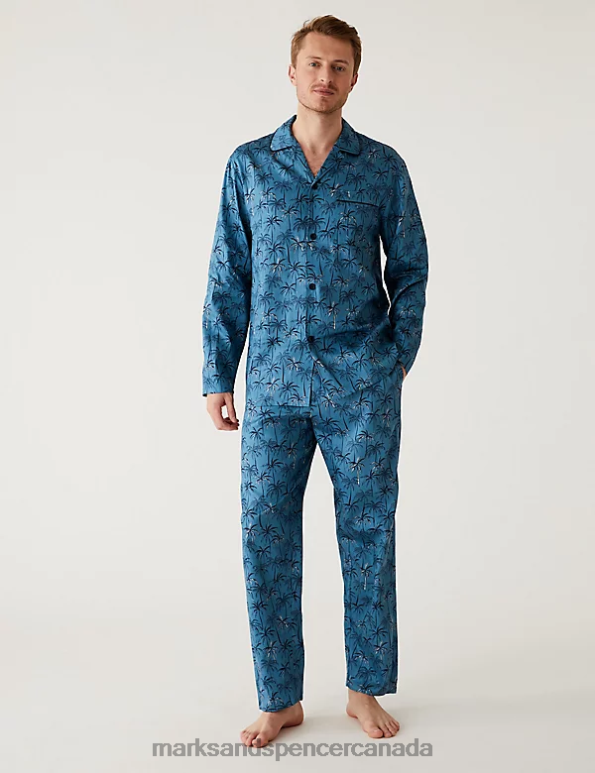 Men Blue Mix Clothing Marks & Spencer Pure Cotton Palm Print Pyjama Set 20VTD6792 - Marks and Spencer Canada locations