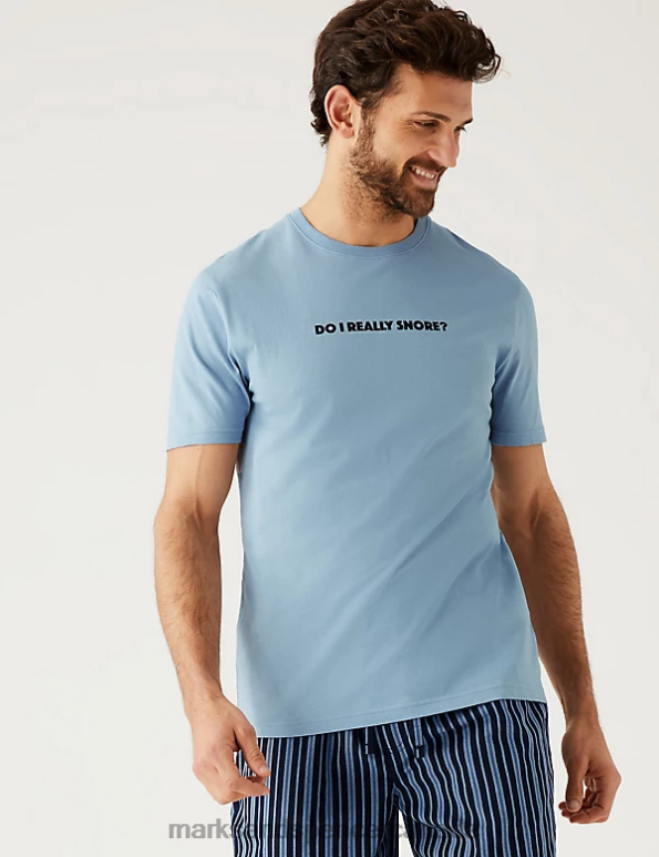 Men Blue Mix Clothing Marks & Spencer Pure Cotton Striped Slogan Pyjama Set 20VTD6418 - Marks and Spencer Canada locations