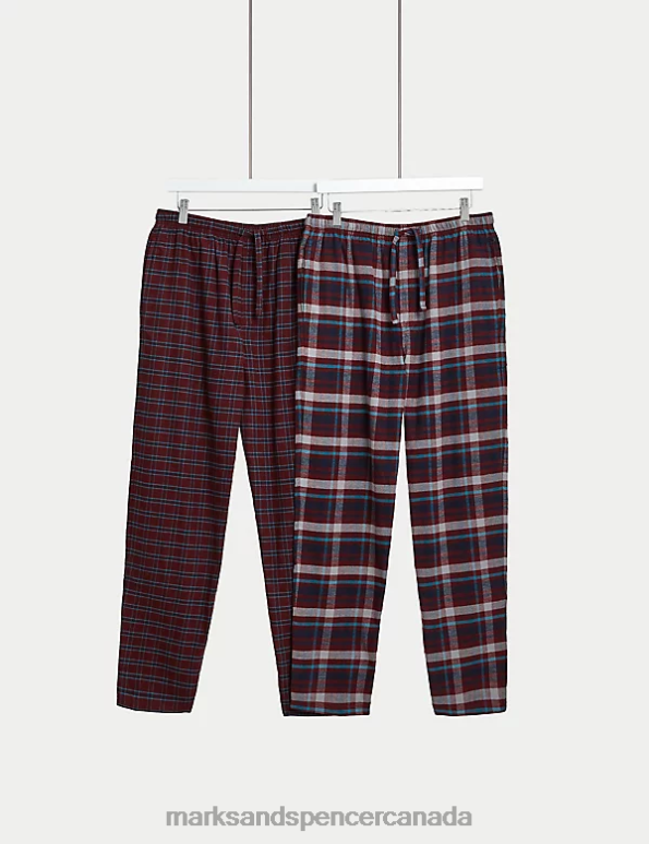 Men Burgundy Mix Clothing Marks & Spencer 2pk Brushed Cotton Checked Pyjama Bottoms 20VTD4853 - Marks and Spencer Canada locations