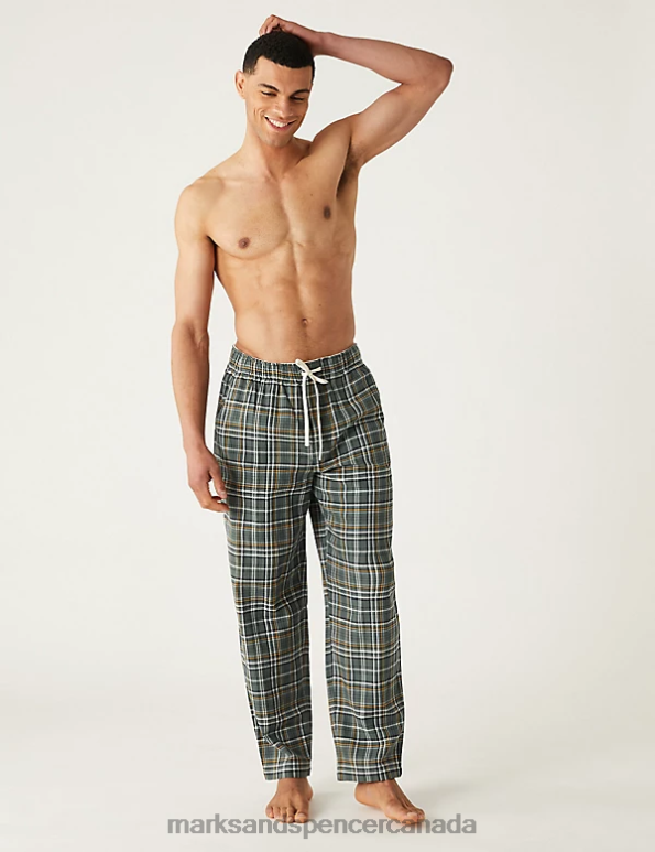 Marks and Spencer near me - Men Green Mix Clothing Marks & Spencer Pure Cotton Checked Loungewear Bottoms 20VTD5251