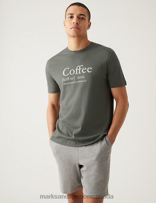 Men Green Mix Clothing Marks & Spencer Pure Cotton Coffee Slogan Loungewear Top 20VTD4865 - Marks and Spencer outlet