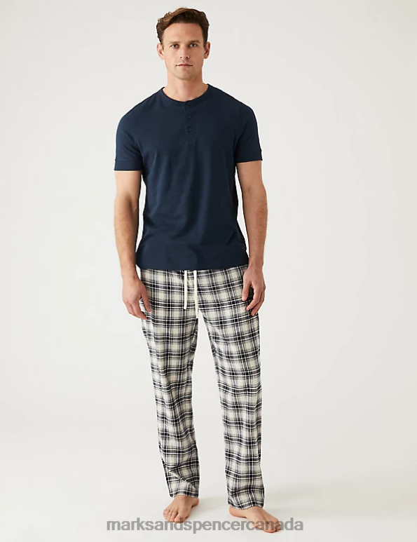 Men Ivory Mix Clothing Marks & Spencer Pure Cotton Checked Pyjama Bottoms 20VTD5929 - Marks and Spencer online