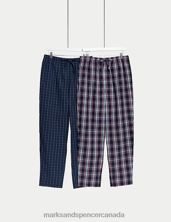 Men Navy Mix Clothing Marks & Spencer 2pk Pure Cotton Checked Pyjama Bottoms 20VTD4752 - Marks and Spencer outlet