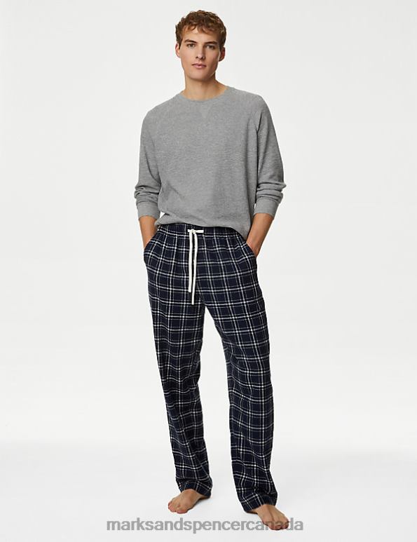 Men Navy Mix Clothing Marks & Spencer Brushed Cotton Checked Loungewear Bottoms 20VTD4846 - Marks and Spencer online