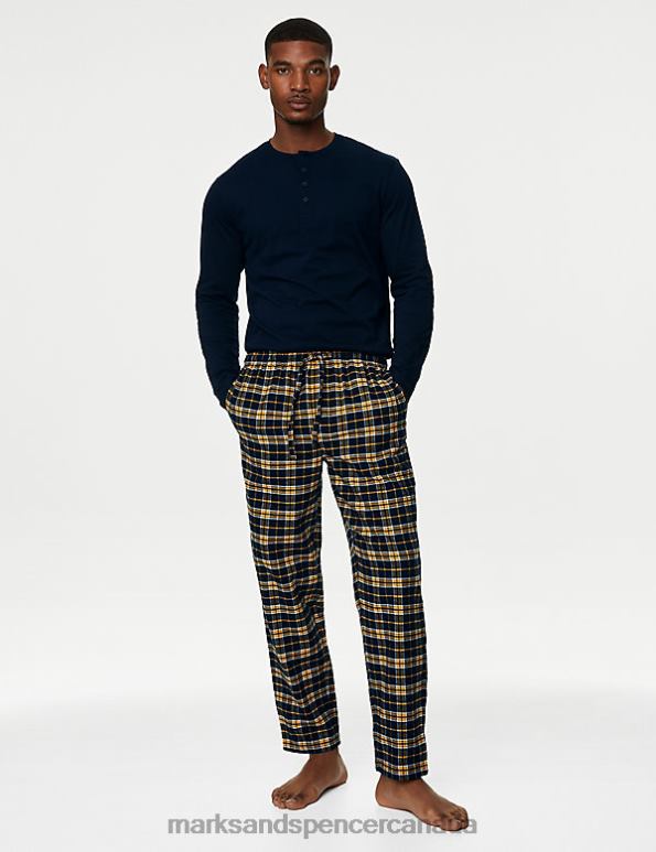 Men Navy Mix Clothing Marks & Spencer Brushed Cotton Checked Pyjama Set 20VTD5938 - Marks and Spencer Canada locations