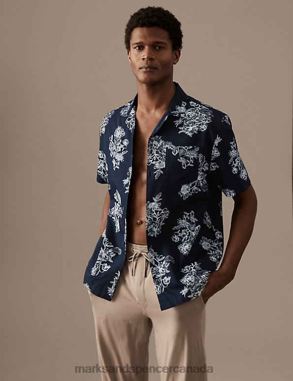 Marks and Spencer Canada - Men Navy Mix Clothing Marks & Spencer Cotton Rich Floral Print Pyjama Top 20VTD6516