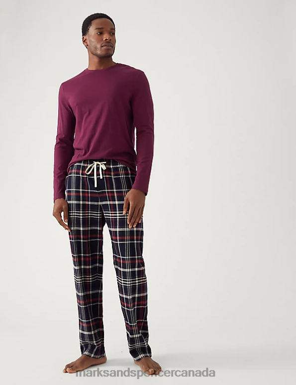 Men Navy Mix Clothing Marks & Spencer Pure Cotton Checked Loungewear Bottoms 20VTD5685 - Marks and Spencer online