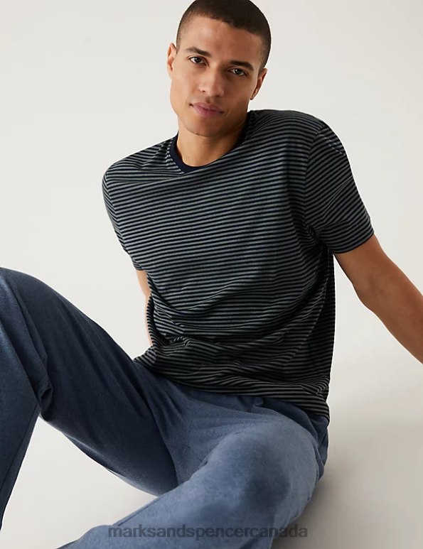 Men Navy Mix Clothing Marks & Spencer Pure Cotton Striped Loungewear Top 20VTD6622 - Marks and Spencer outlet