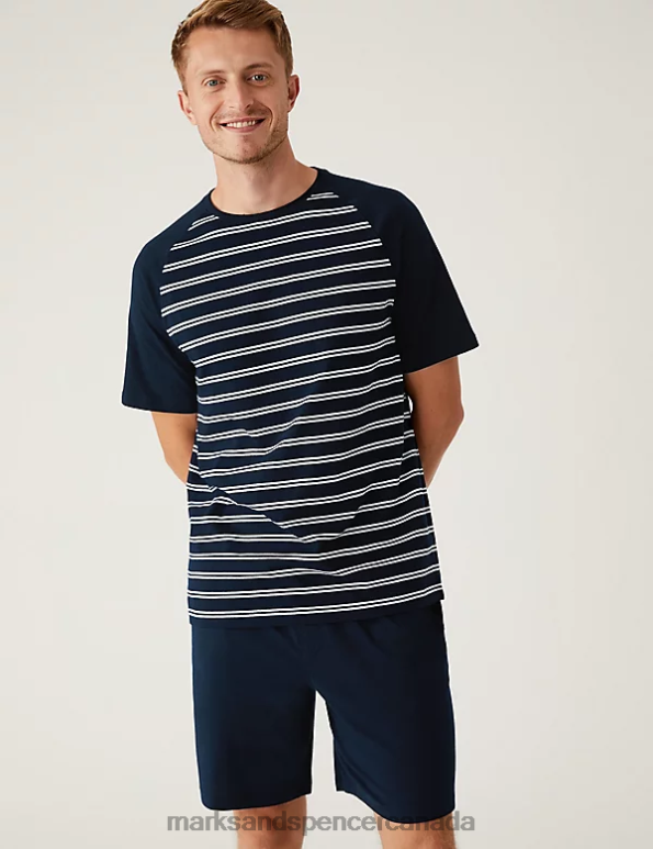 Men Navy Mix Clothing Marks & Spencer Pure Cotton Striped Pyjama Set 20VTD6384 - Marks and Spencer online