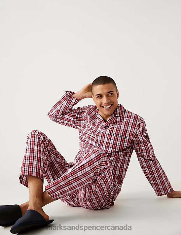 Marks and Spencer Canada - Men Red Mix Clothing Marks & Spencer Pure Cotton Checked Pyjama Set 20VTD6828