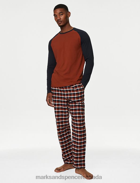 Men Rust Mix Clothing Marks & Spencer Brushed Cotton Checked Pyjama Set 20VTD5099 - Marks and Spencer online