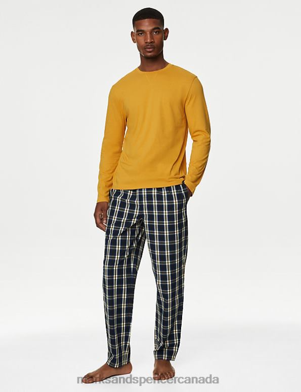 Men Yellow Mix Clothing Marks & Spencer Pure Cotton Checked Pyjama Set 20VTD4966 - Marks and Spencer outlet