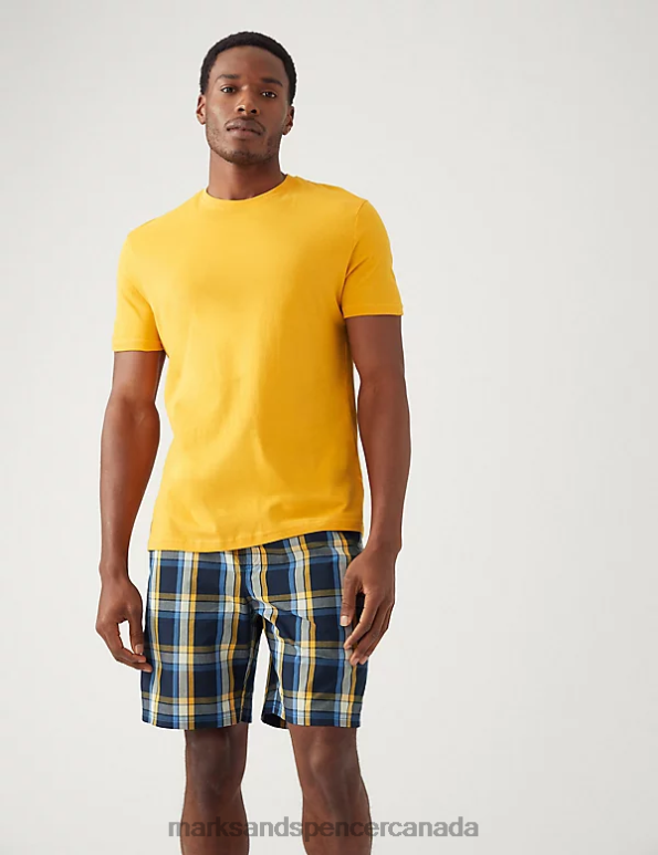 Men Yellow Mix Clothing Marks & Spencer Pure Cotton Checked Pyjama Set 20VTD5947 - Marks and Spencer outlet