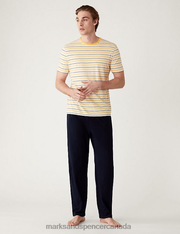 Men Yellow Mix Clothing Marks & Spencer Pure Cotton Striped Pyjama Set 20VTD5563 - Marks and Spencer outlet