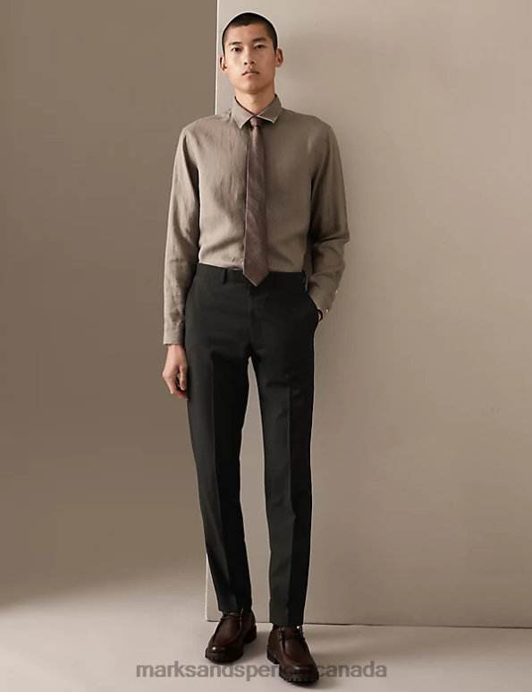 Men Dark Brown Clothing Marks & Spencer Tailored Fit Pure Wool Textured Trousers 20VTD5376 - Marks and Spencer outlet