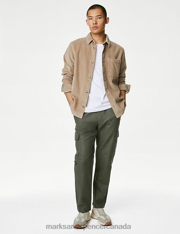 Marks and Spencer Canada - Men Dark Khaki Clothing Marks & Spencer Tapered Fit Linen Blend Cargo Trousers 20VTD5044