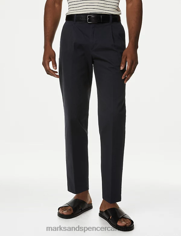 Marks and Spencer near me - Men Dark Navy Clothing Marks & Spencer Regular Fit Single Pleat Stretch Chinos 20VTD5262