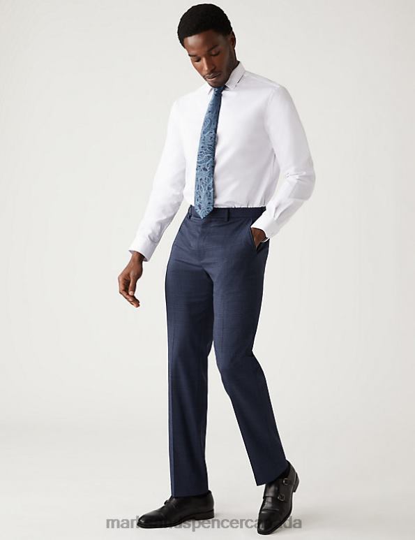 Men Navy Clothing Marks & Spencer Regular Fit Check Stretch Suit Trousers 20VTD6487 - Marks and Spencer outlet