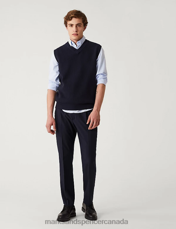 Men Navy Clothing Marks & Spencer Regular Fit Single Pleat Trousers with Active Waist 20VTD5140 - Marks and Spencer Canada locations