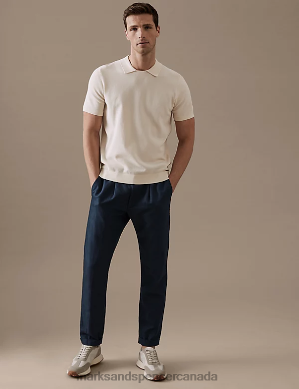 Marks and Spencer near me - Men Navy Clothing Marks & Spencer Tapered Fit Linen Blend Trousers 20VTD5402