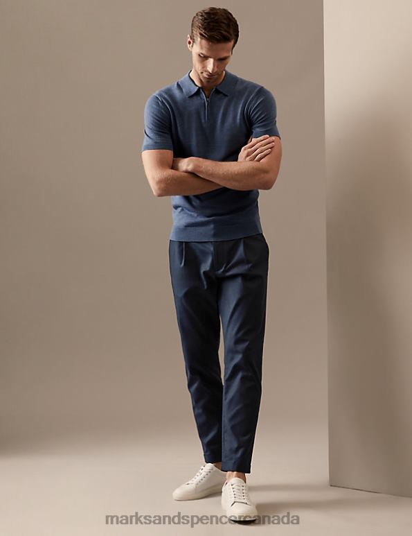 Men Navy Clothing Marks & Spencer Tapered Fit Single Pleat Trousers 20VTD6481 - Marks and Spencer online