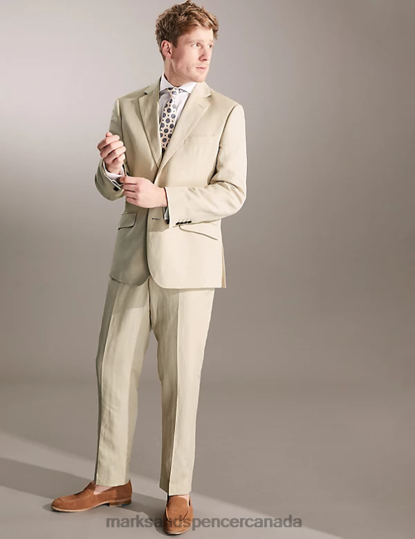 Marks and Spencer Canada - Men Stone Clothing Marks & Spencer Regular Fit Italian Silk And Linen Trousers 20VTD6814