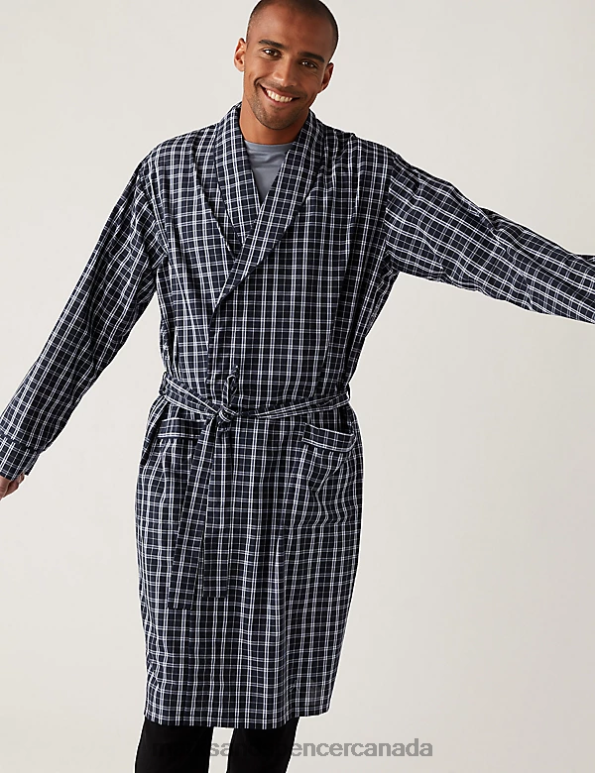 Marks and Spencer sale - Men Blue Mix Clothing Marks & Spencer Cotton Blend Checked Dressing Gown 20VTD5711