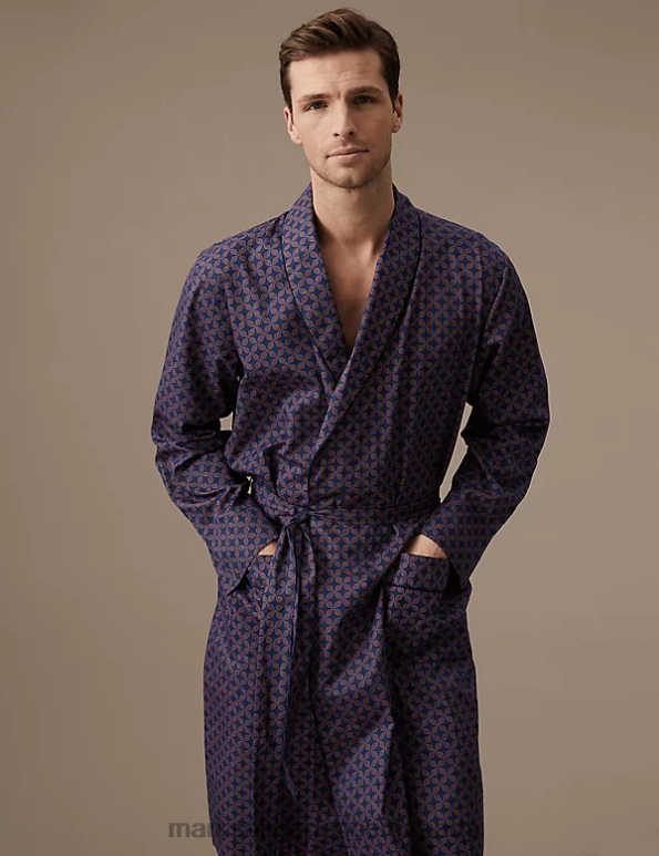 Marks and Spencer sale - Men Navy Mix Clothing Marks & Spencer Cotton Rich Geometric Print Dressing Gown 20VTD6914