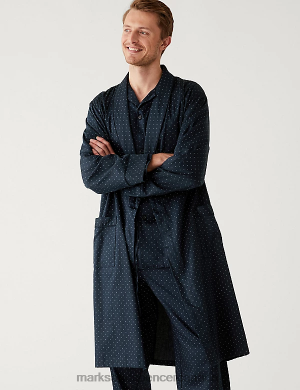 Marks and Spencer Canada - Men Navy Mix Clothing Marks & Spencer Pure Cotton Dressing Gown 20VTD6676