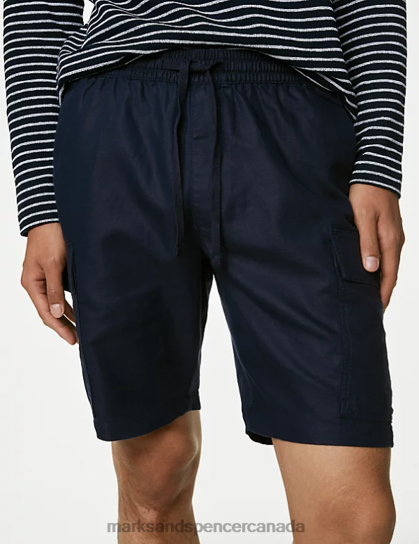 Marks and Spencer near me - Men Dark Navy Clothing Marks & Spencer Linen Blend Elasticated Waist Utility Shorts 20VTD5652