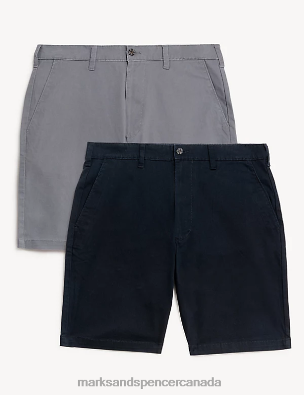 Men Navy/Grey Clothing Marks & Spencer 2pk Stretch Chino Shorts 20VTD5829 - Marks and Spencer Canada locations