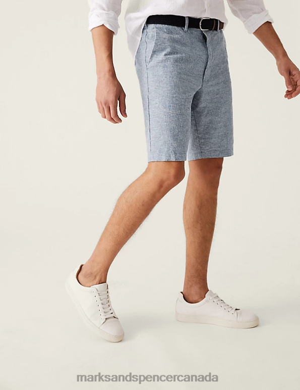 Marks and Spencer near me - Men Navy Mix Clothing Marks & Spencer Linen Blend Striped Belted Chino Shorts 20VTD6754