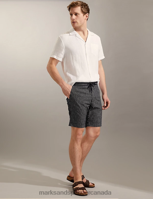 Marks and Spencer sale - Men Navy/White Clothing Marks & Spencer Linen Rich Pinstripe Shorts 20VTD5212