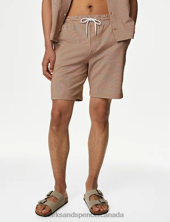 Marks and Spencer Canada - Men Soft Peach Clothing Marks & Spencer Striped Drawstring Jersey Shorts 20VTD6635