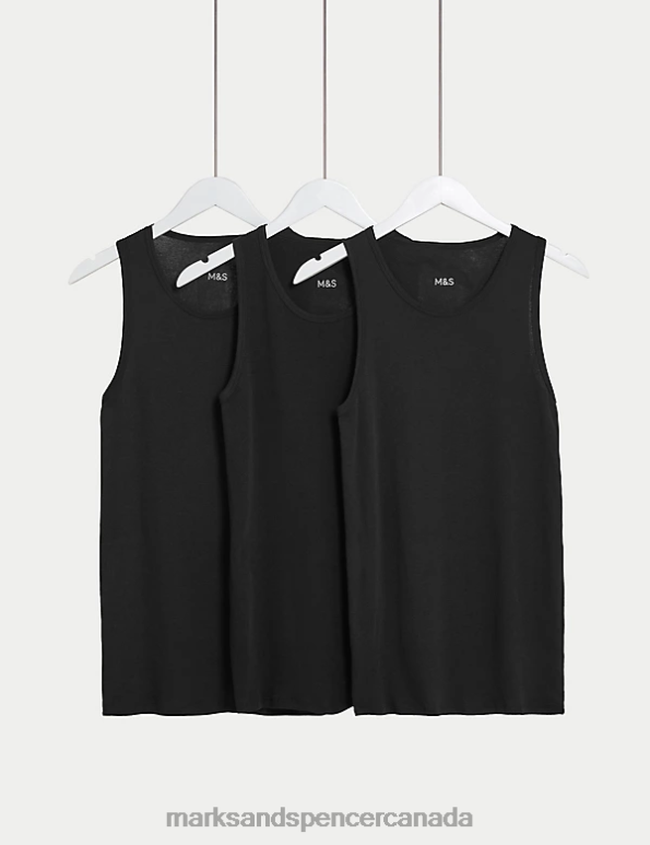 Men Black Clothing Marks & Spencer 3pk Pure Cotton Sleeveless Vests 20VTD5720 - Marks and Spencer Canada locations