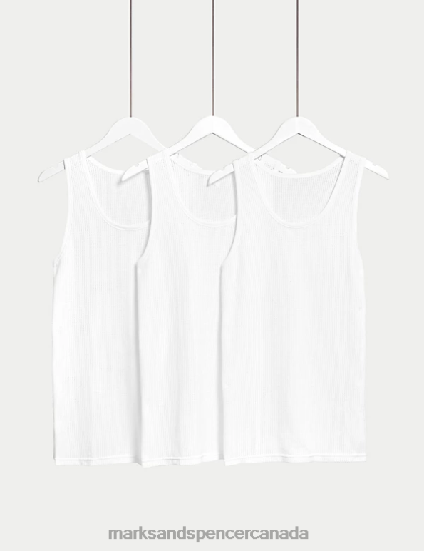 Men White Clothing Marks & Spencer 3pk Pure Cotton Classic Sleeveless Vests 20VTD4789 - Marks and Spencer Canada locations