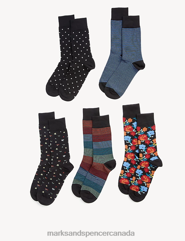 Men Black Mix Clothing Marks & Spencer 5pk Cool & Fresh Assorted Cotton Rich Socks 20VTD5871 - Marks and Spencer online