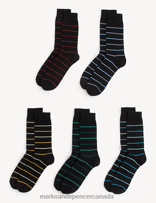 Men Black Mix Clothing Marks & Spencer 5pk Cool & Fresh Striped Cotton Rich Socks 20VTD5987 - Marks and Spencer outlet