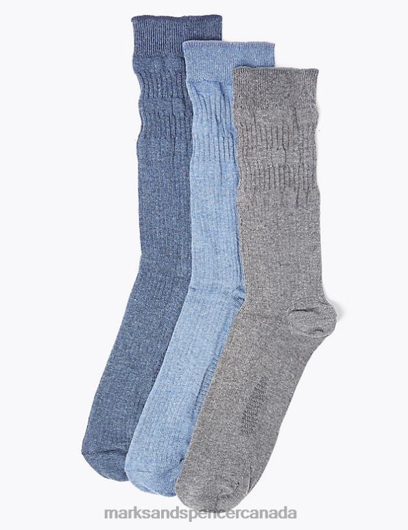 Men Blue/Grey Clothing Marks & Spencer 3pk Gentle Grip Cool & Fresh Socks 20VTD6518 - Marks and Spencer Canada locations