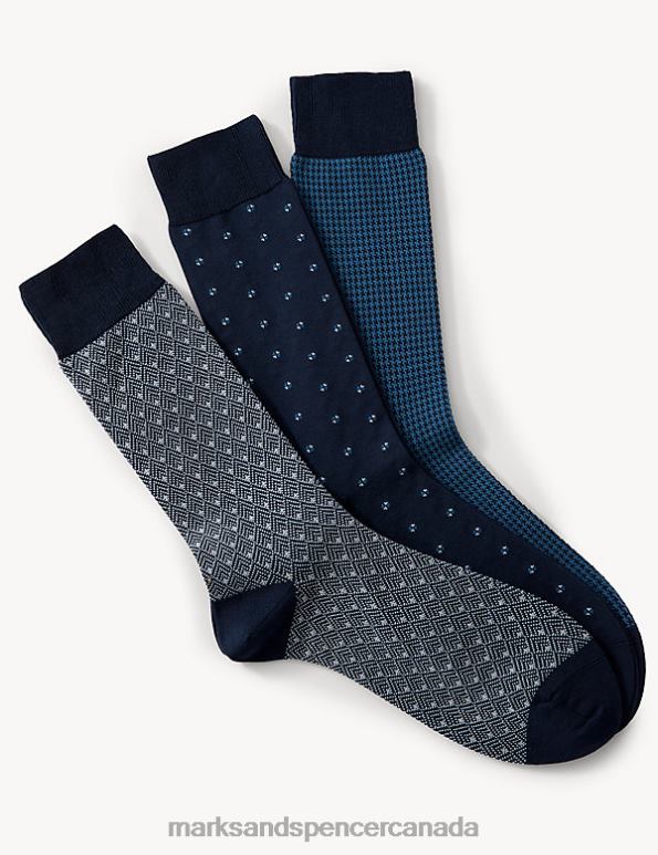 Men Blue Mix Clothing Marks & Spencer 3pk Assorted Egyptian Cotton Rich Socks 20VTD5437 - Marks and Spencer outlet