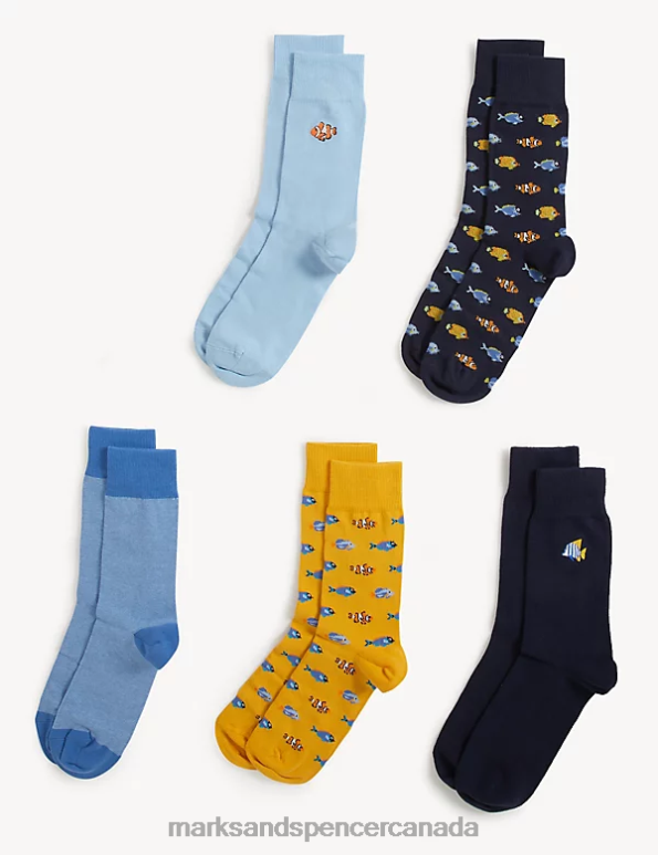 Men Blue Mix Clothing Marks & Spencer 5pk Cool & Fresh Fish Cotton Rich Socks 20VTD5567 - Marks and Spencer Canada locations