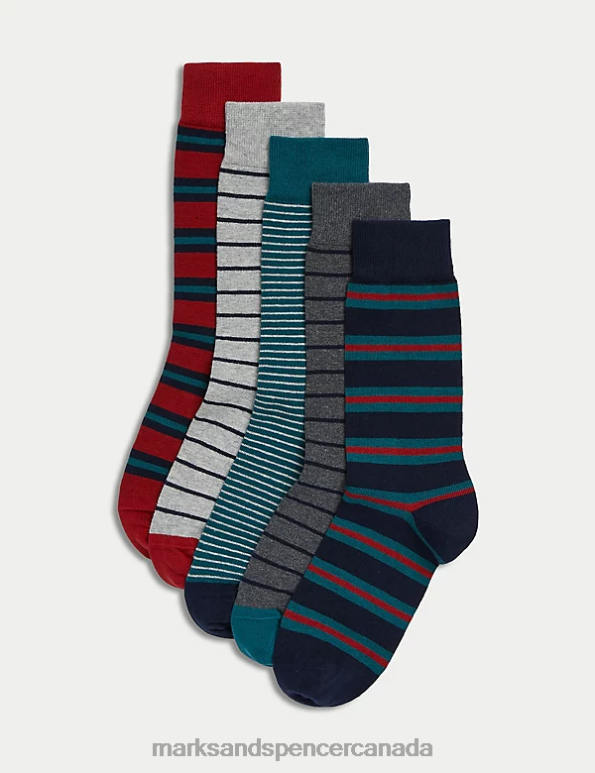 Men Multi Clothing Marks & Spencer 5pk Cool & Fresh Striped Cotton Rich Socks 20VTD5040 - Marks and Spencer outlet