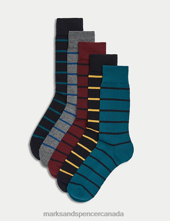 Men Multi Clothing Marks & Spencer 5pk Cool & Fresh Striped Cotton Rich Socks 20VTD5222 - Marks and Spencer online